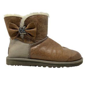 Women's sz 5 UGG boots mini bailey bow brown winter shoes bow gems